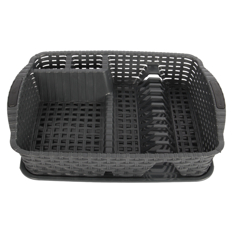 Flat Dish Drainer with Drip Tray. Rattan Style Plastic Plate Cutlery Holder Rack.