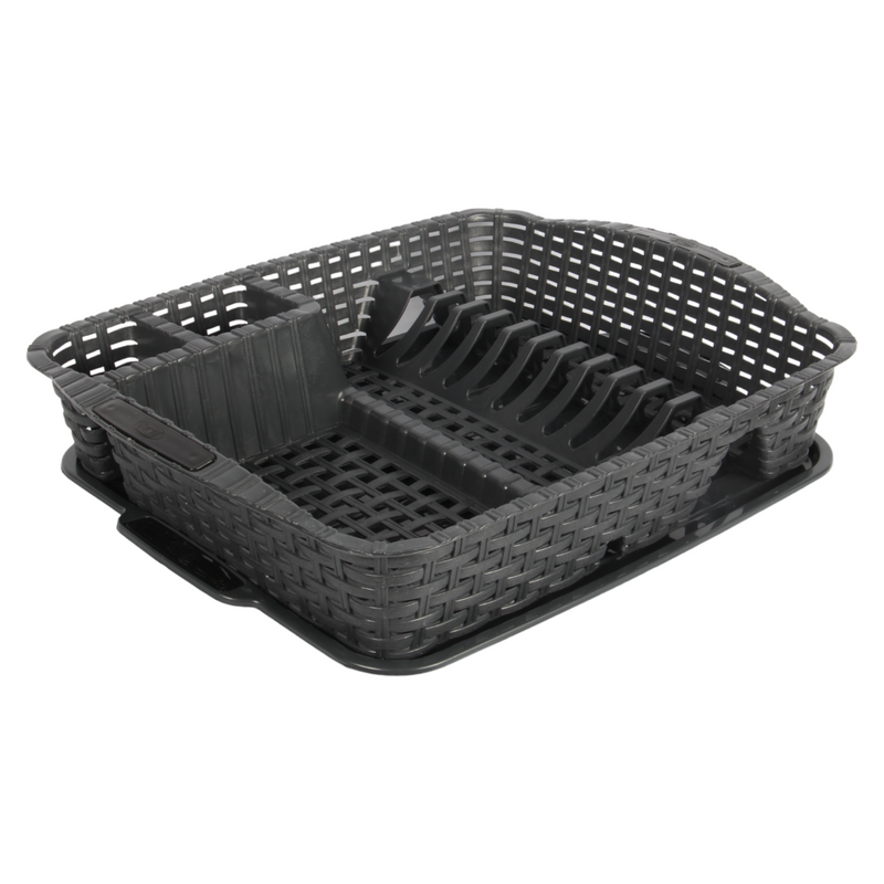 Flat Dish Drainer with Drip Tray. Rattan Style Plastic Plate Cutlery Holder Rack.