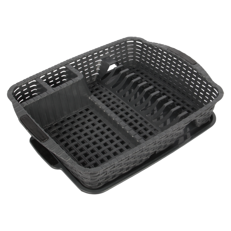 Flat Dish Drainer with Drip Tray. Rattan Style Plastic Plate Cutlery Holder Rack.