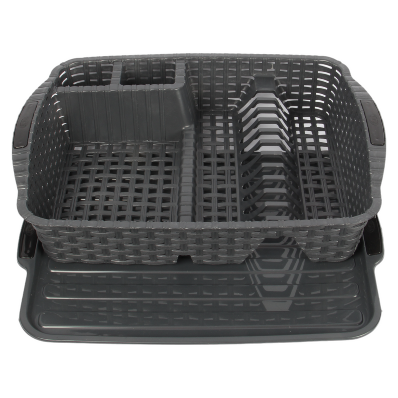 Flat Dish Drainer with Drip Tray. Rattan Style Plastic Plate Cutlery Holder Rack.