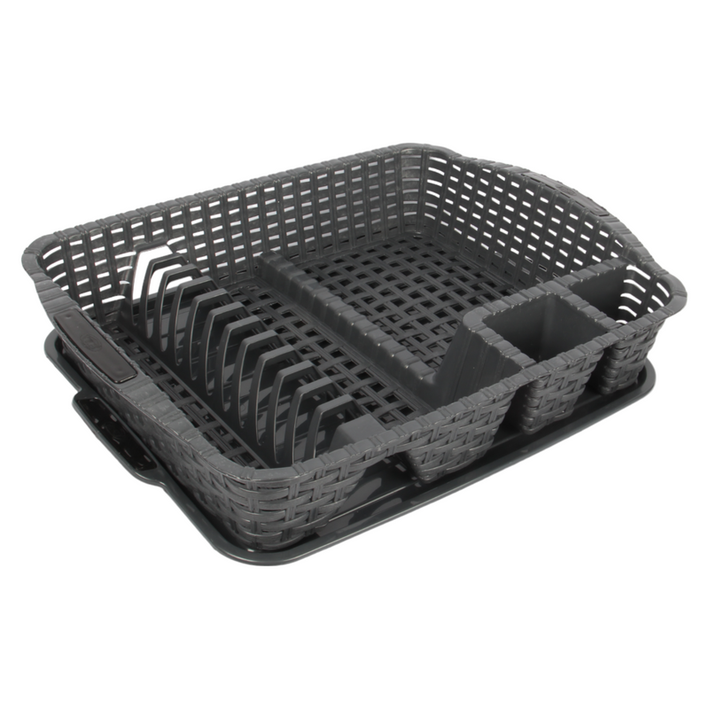 Flat Dish Drainer with Drip Tray. Rattan Style Plastic Plate Cutlery Holder Rack.