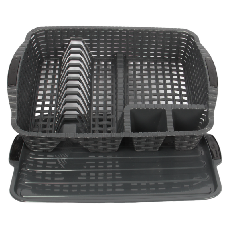Flat Dish Drainer with Drip Tray. Rattan Style Plastic Plate Cutlery Holder Rack.
