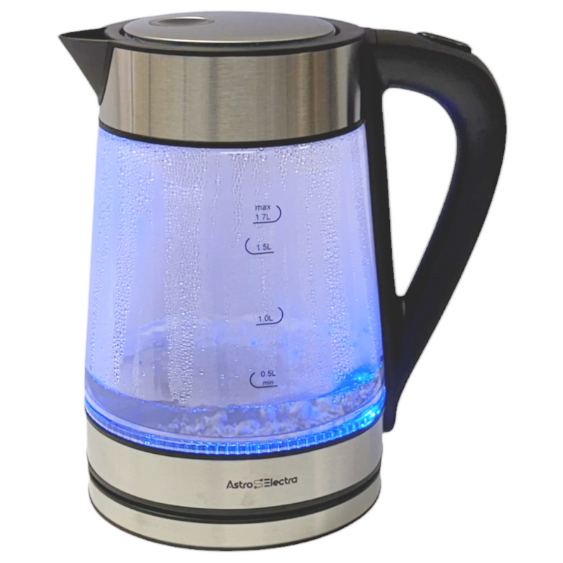 Astro Electra 1.7L Electric Glass Kettle – 2200W Fast Boil, Strix Controller, Cool-Touch Handle, Blue LED, BPA-Free Pour Spout, and 360° Rotating Base