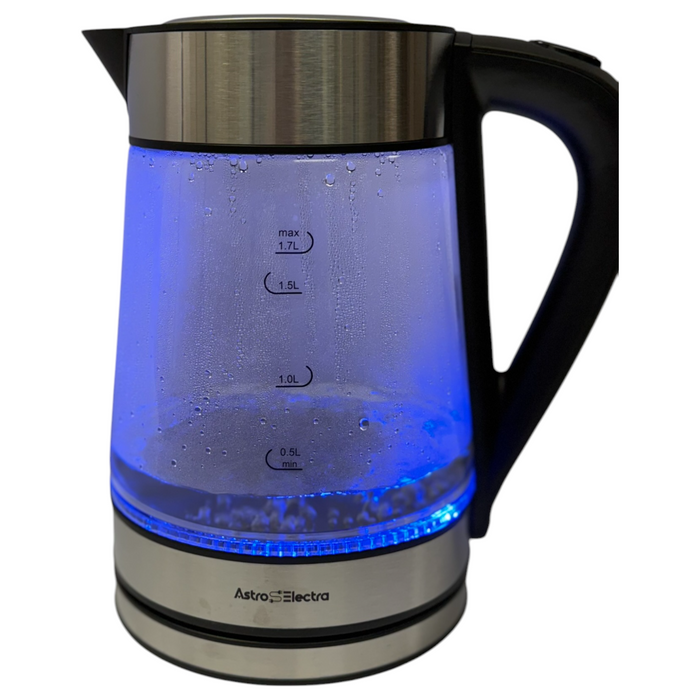 Astro Electra 1.7L Electric Glass Kettle – 2200W Fast Boil, Strix Controller, Cool-Touch Handle, Blue LED, BPA-Free Pour Spout, and 360° Rotating Base