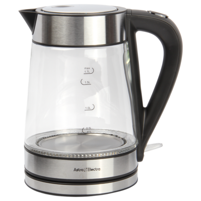 Astro Electra 1.7L Electric Glass Kettle – 2200W Fast Boil, Strix Controller, Cool-Touch Handle, Blue LED, BPA-Free Pour Spout, and 360° Rotating Base