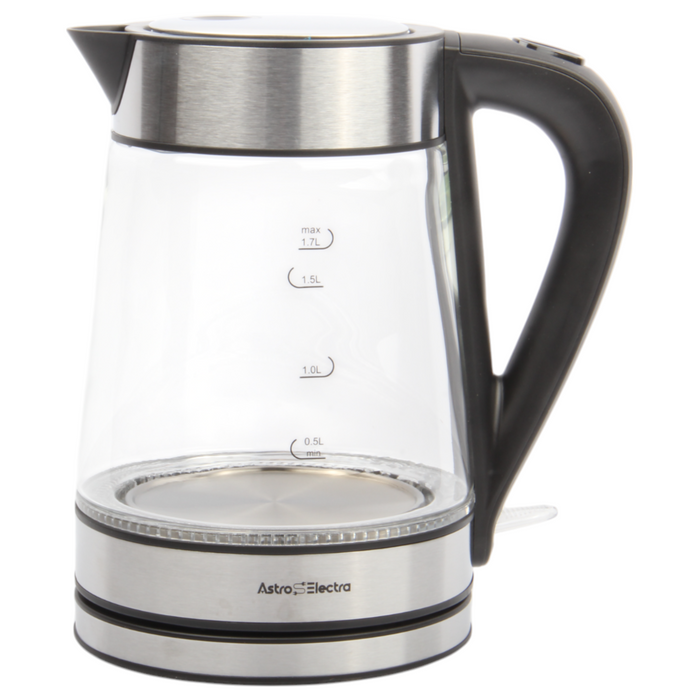 Astro Electra 1.7L Electric Glass Kettle – 2200W Fast Boil, Strix Controller, Cool-Touch Handle, Blue LED, BPA-Free Pour Spout, and 360° Rotating Base