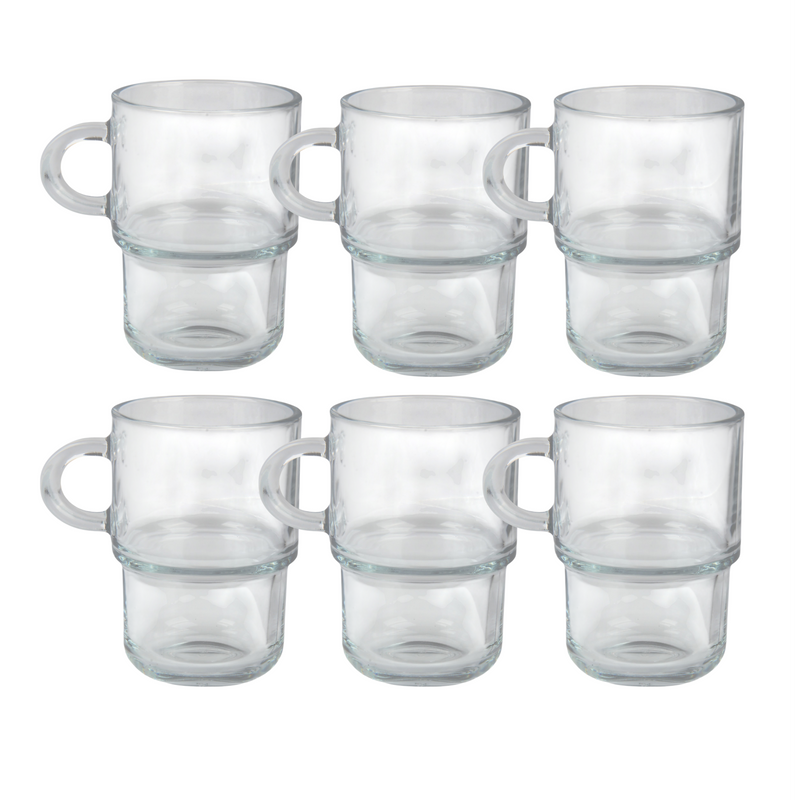 Glasshop 6-Pack Glass Mugs. 350ml. Clear Stackable Cups with Handles.