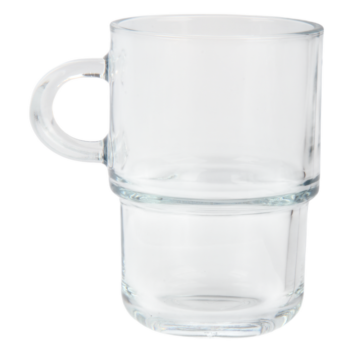 Glasshop 6-Pack Glass Mugs. 350ml. Clear Stackable Cups with Handles.