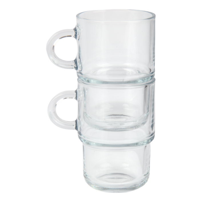 Glasshop 6-Pack Glass Mugs. 350ml. Clear Stackable Cups with Handles.