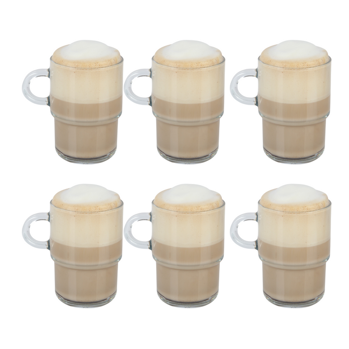 Glasshop 6-Pack Glass Mugs. 350ml. Clear Stackable Cups with Handles.