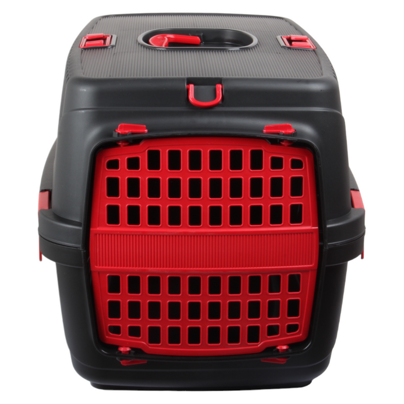 Plastic Pet Carrier. Pet Carrying Case. (Black & Red)