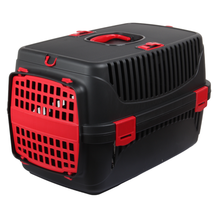 Plastic Pet Carrier. Pet Carrying Case. (Black & Red)