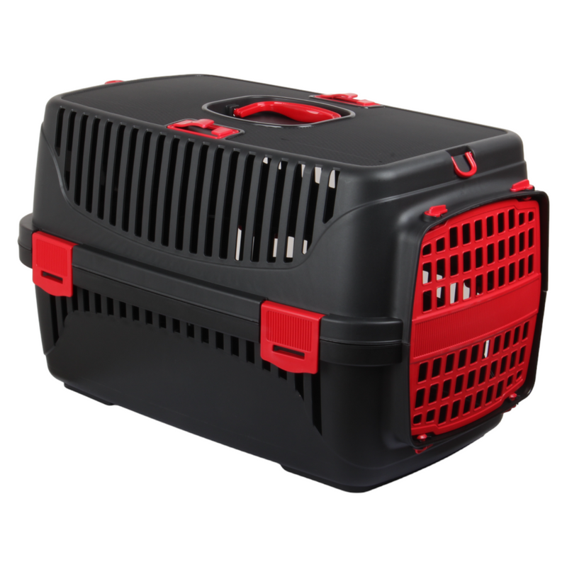 Plastic Pet Carrier. Pet Carrying Case. (Black & Red)