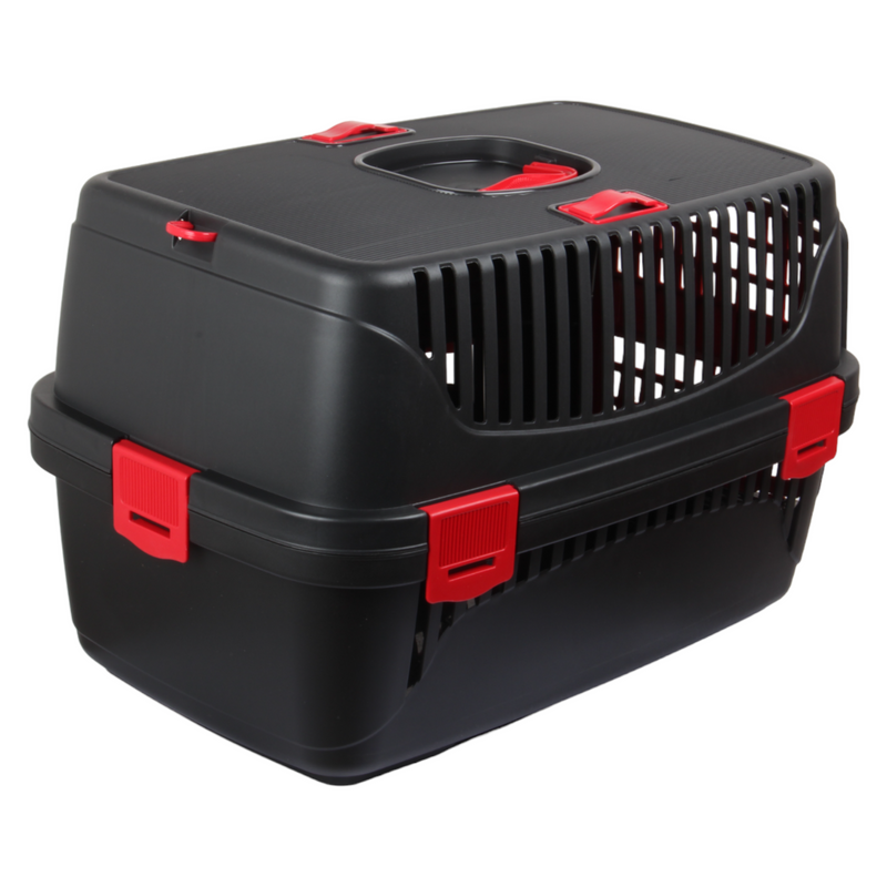 Plastic Pet Carrier. Pet Carrying Case. (Black & Red)