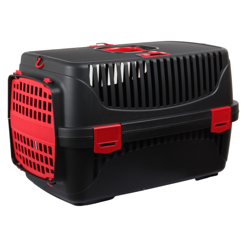 Plastic Pet Carrier. Pet Carrying Case. (Black & Red)