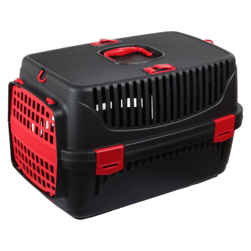 Plastic Pet Carrier. Pet Carrying Case. (Black & Red)