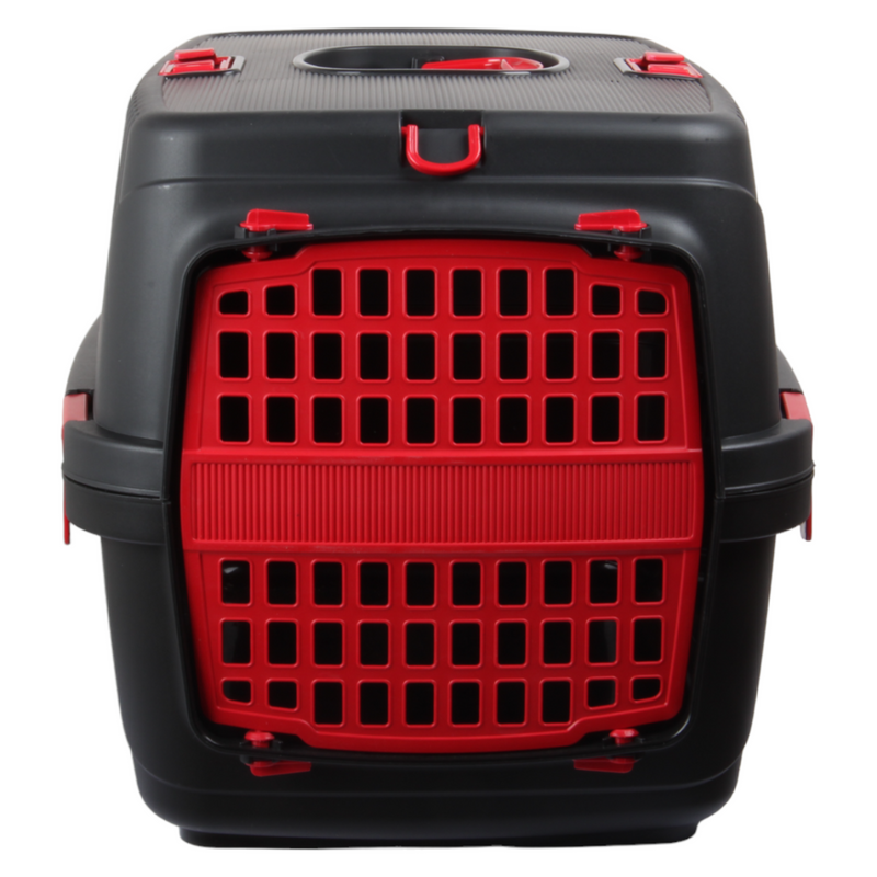 Plastic Pet Carrier. Pet Carrying Case. (Black & Red)