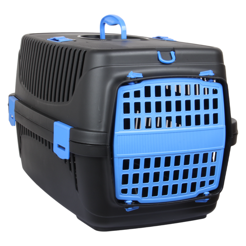 Plastic Large Pet Carrier. Pet Travel Box. Black & Blue