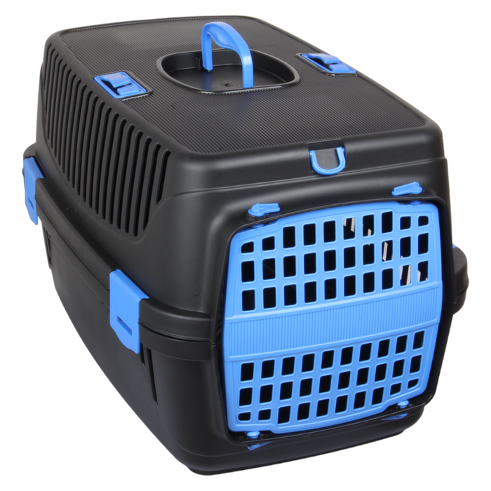 Plastic Large Pet Carrier. Pet Travel Box. Black & Blue