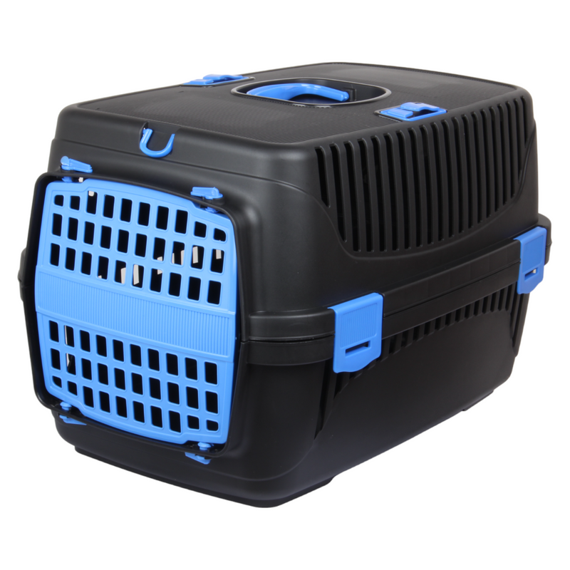 Plastic Large Pet Carrier. Pet Travel Box. Black & Blue