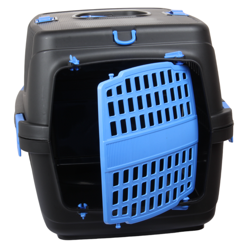 Plastic Large Pet Carrier. Pet Travel Box. Black & Blue