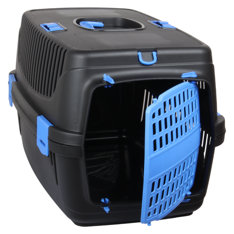 Plastic Large Pet Carrier. Pet Travel Box. Black & Blue