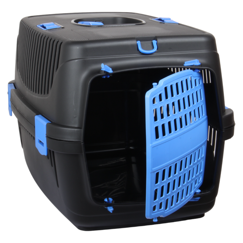 Plastic Large Pet Carrier. Pet Travel Box. Black & Blue