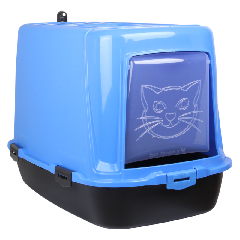 Pet Hooded Litter Tray Box with Scoop. Carbon Filter Litter Box. Blue.