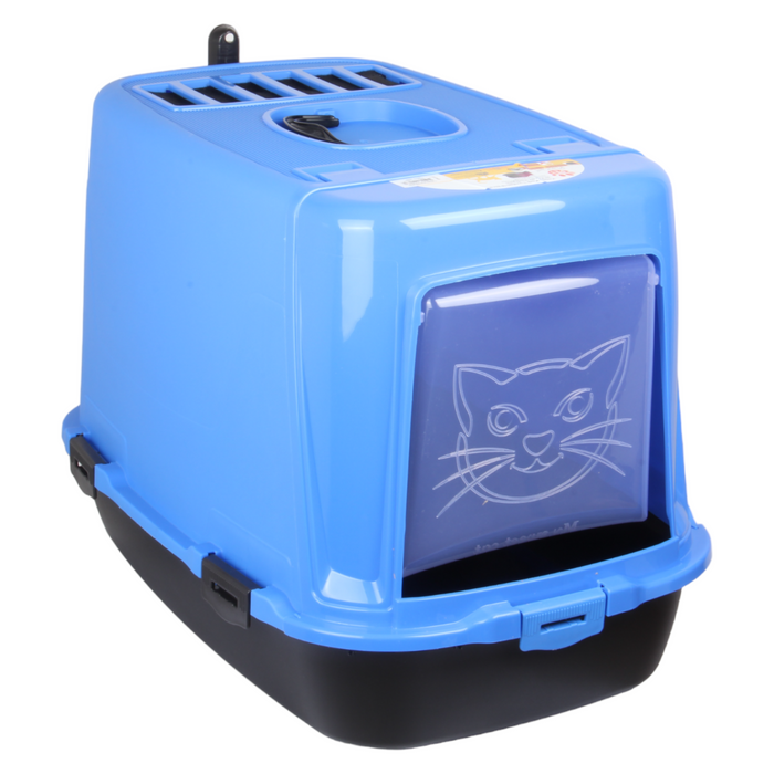 Pet Hooded Litter Tray Box with Scoop. Carbon Filter Litter Box. Blue.