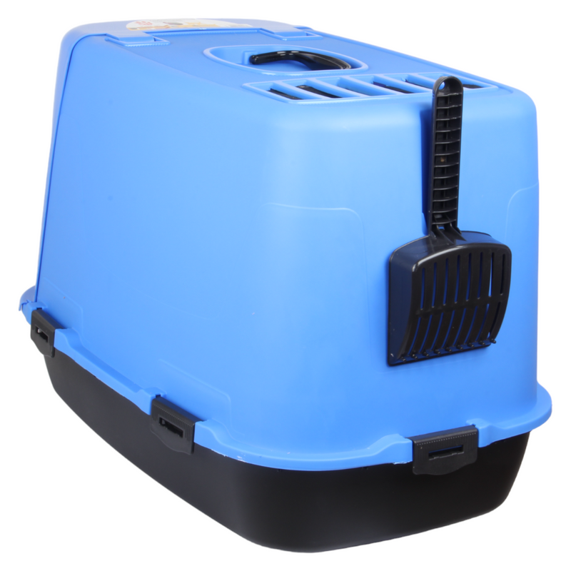 Pet Hooded Litter Tray Box with Scoop. Carbon Filter Litter Box. Blue.