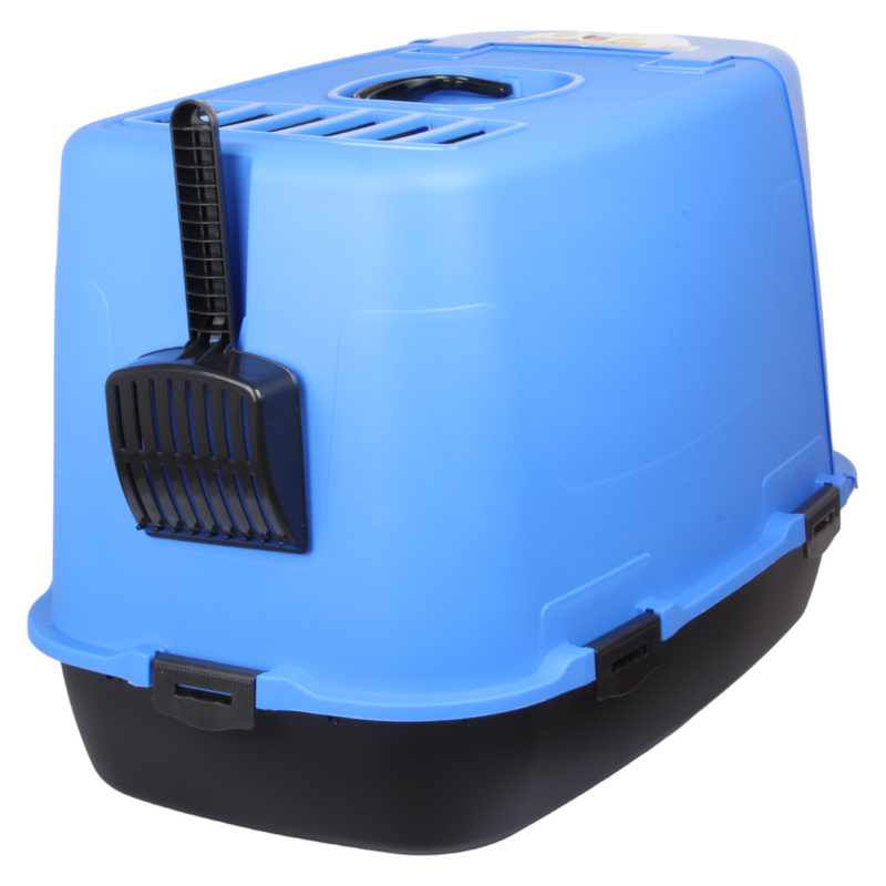 Pet Hooded Litter Tray Box with Scoop. Carbon Filter Litter Box. Blue.