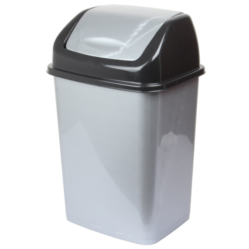 18 Litre Plastic Swing Lid Bin. Rectangular Waste Bin. (Silver)