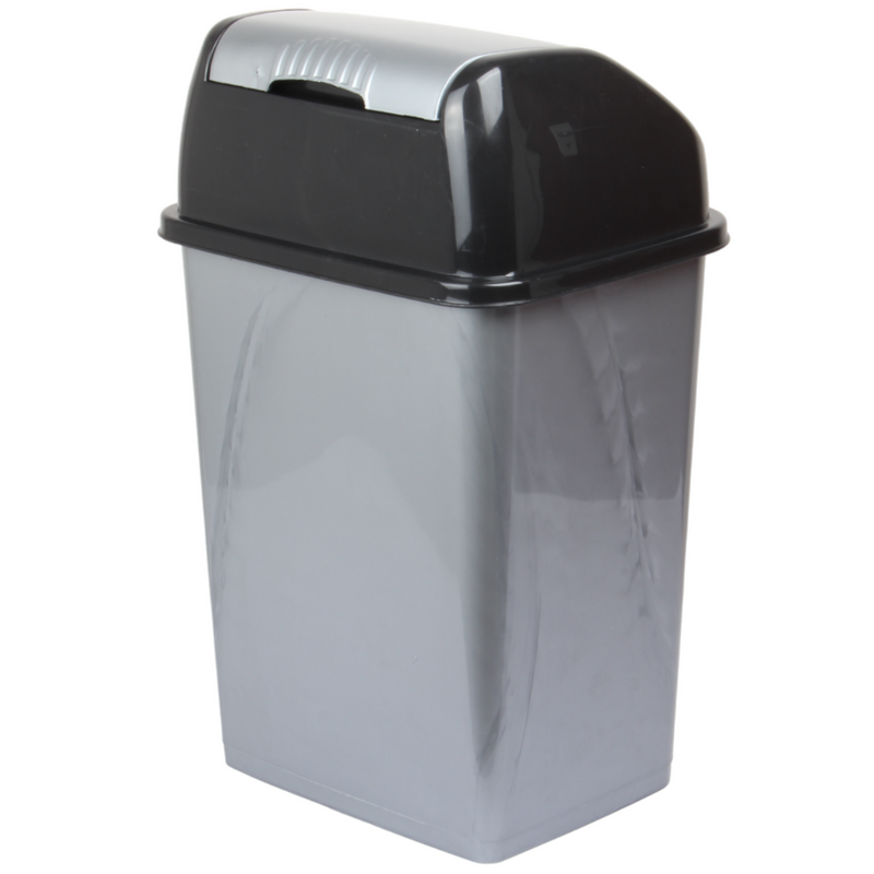 18 Litre Plastic Swing Lid Bin. Rectangular Waste Bin. (Silver)