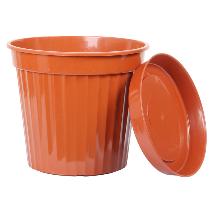 3pcs Round Flower Pot & Saucer. Strong Plastic Planters. (Brown)
