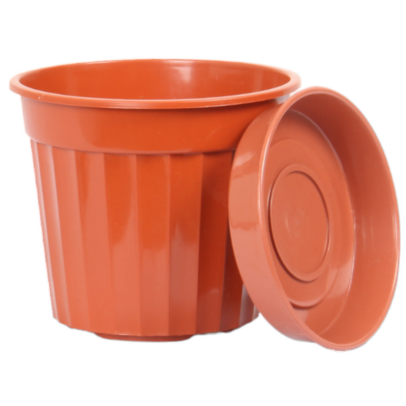 3pcs Round Flower Pot & Saucer. Strong Plastic Planters. (Brown)