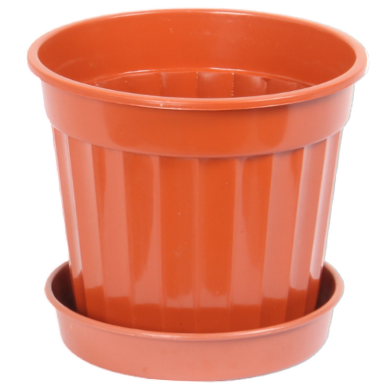 3pcs Round Flower Pot & Saucer. Strong Plastic Planters. (Brown)