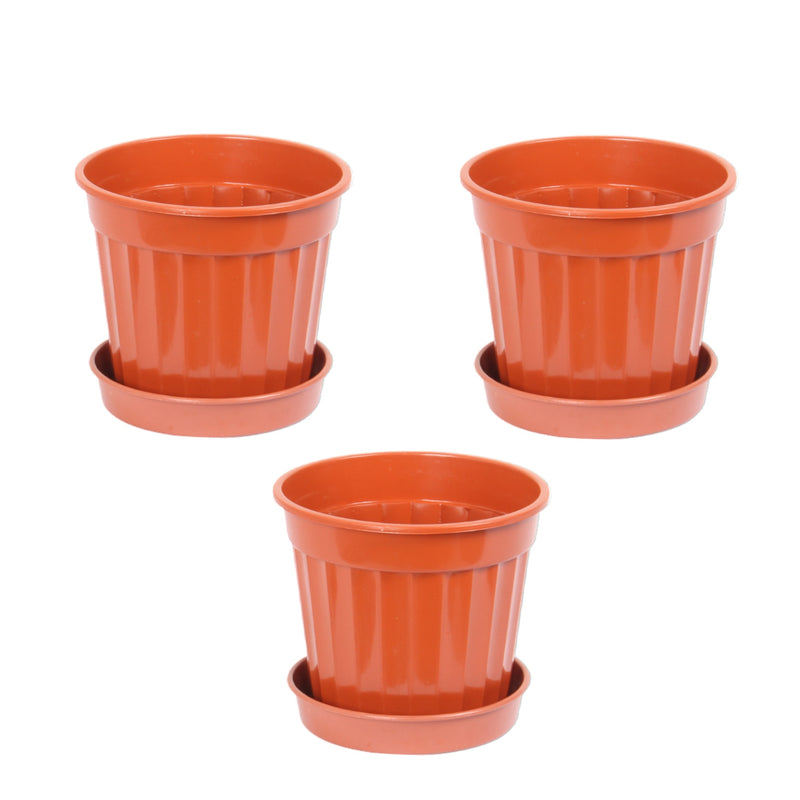 3pcs Round Flower Pot & Saucer. Strong Plastic Planters. (Brown)