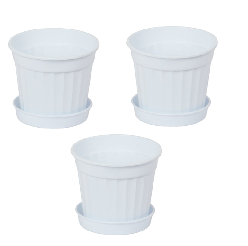 3pcs Round Flower Pot & Saucer. Strong Plastic Planters. (White)