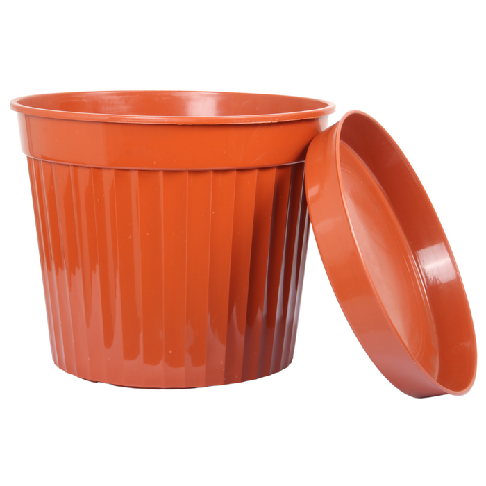 3pcs Round Flower Pot & Saucer. Strong Plastic Planters. (Brown)