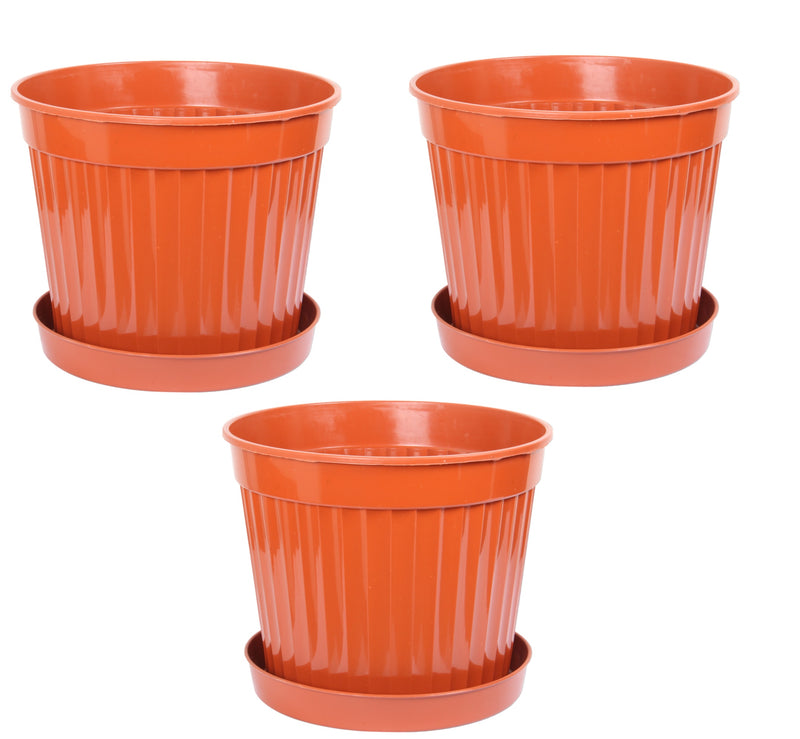 3pcs Round Flower Pot & Saucer. Strong Plastic Planters. (Brown)