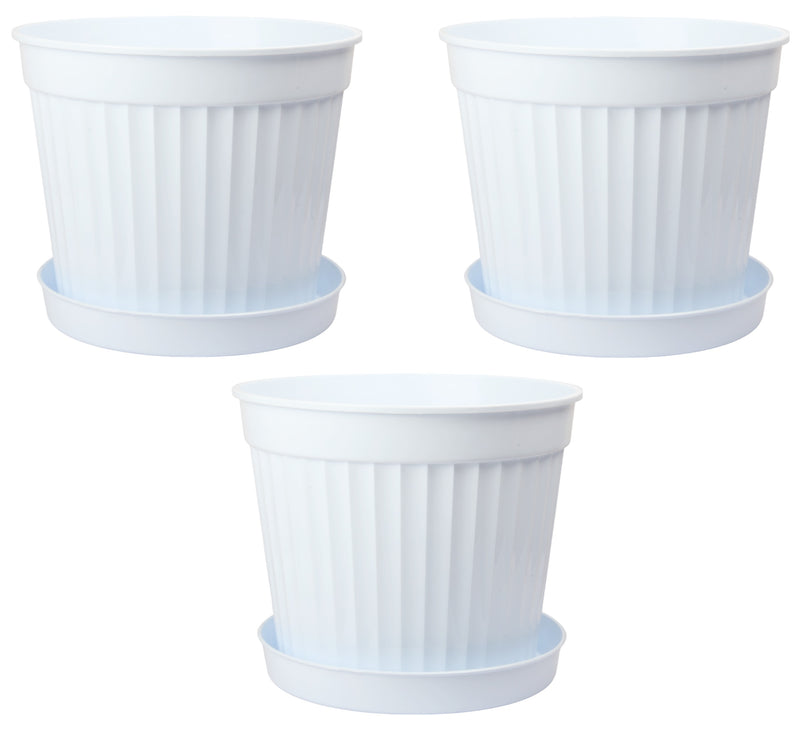 3pcs Round Flower Pot & Saucer. Strong Plastic Planters. (White)
