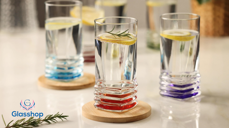 Coloured Base Highball Drinking Glass Set. Cocktail Glasses. (Pack of 6) (335 ml)
