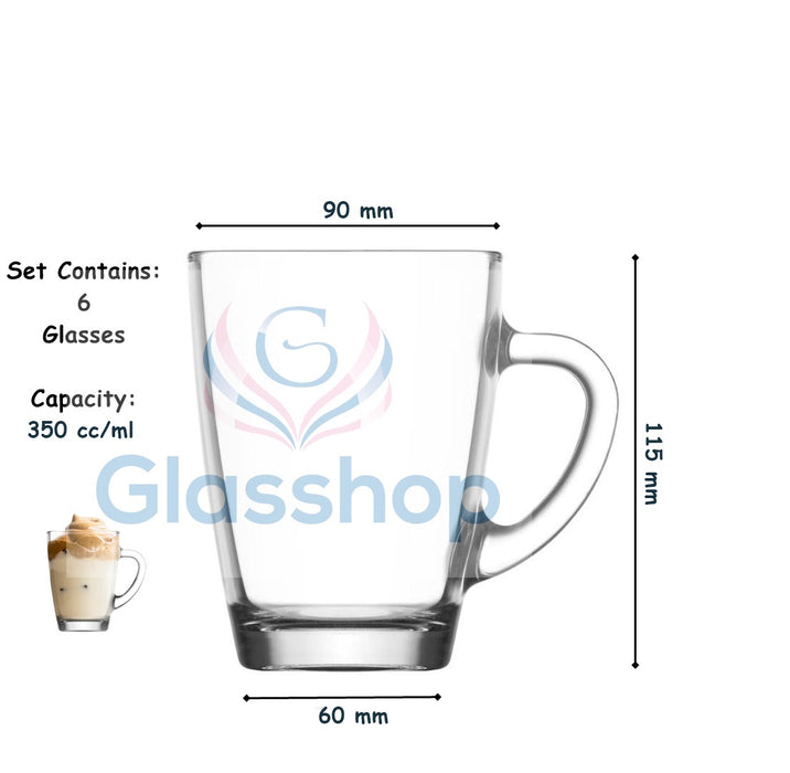 Glasshop Glass Coffee Mugs. 6-Pack, 350ml Tea Coffee Cups with Handle.