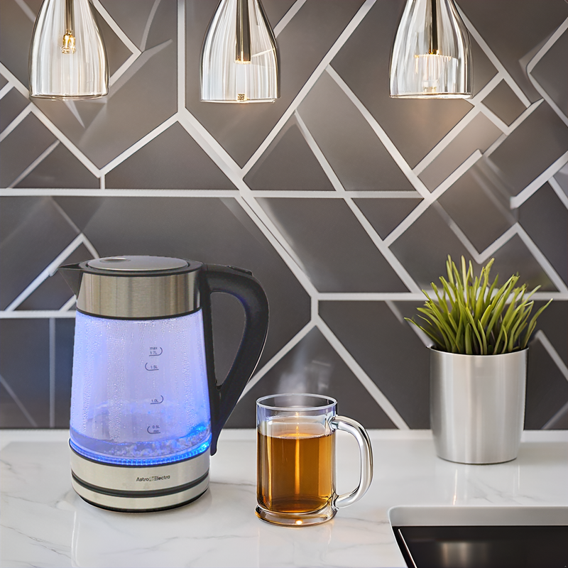 Astro Electra 1.7L Electric Glass Kettle – 2200W Fast Boil, Strix Controller, Cool-Touch Handle, Blue LED, BPA-Free Pour Spout, and 360° Rotating Base