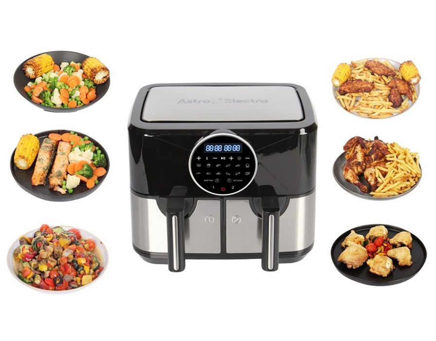 Astro Electra Dual Zone 9L Air Fryer. 2x4.5L Drawers. Touch Screen. Smart Finish. 12-in-1. 2600W.