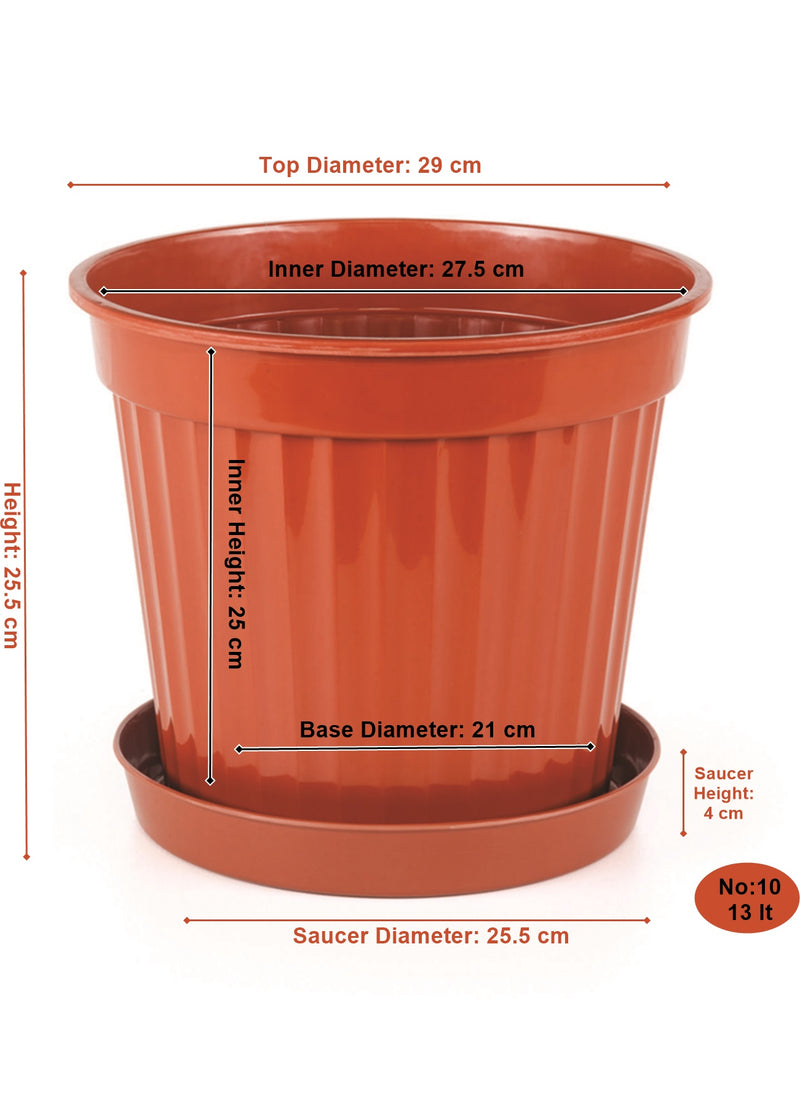 3pcs Round Flower Pot & Saucer. Strong Plastic Planters. (Brown)