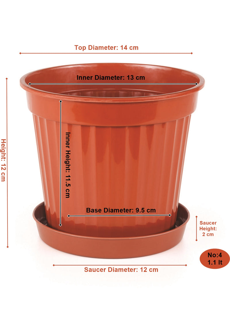 3pcs Round Flower Pot & Saucer. Strong Plastic Planters. (Brown)