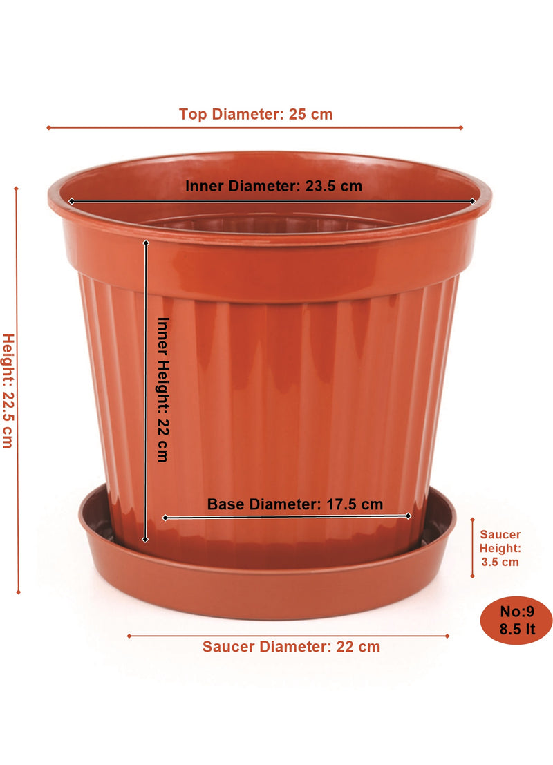 3pcs Round Flower Pot & Saucer. Strong Plastic Planters. (Brown)