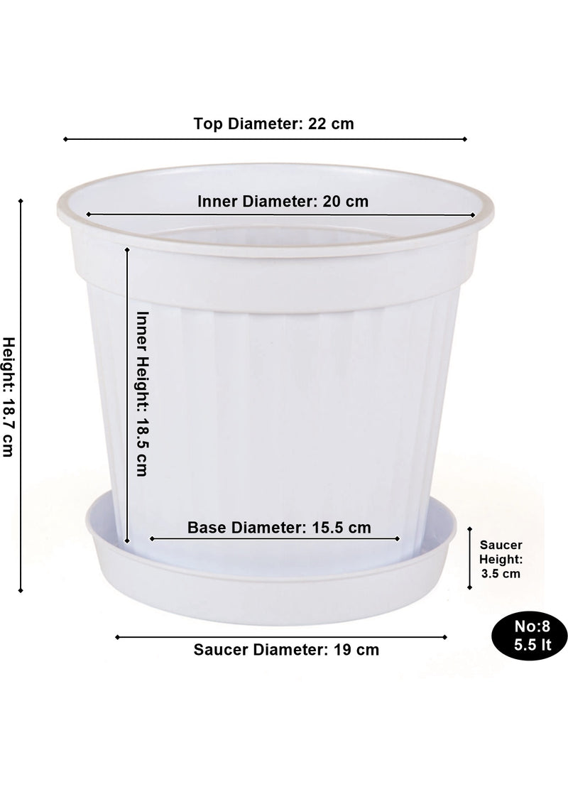 3pcs Round Flower Pot & Saucer. Strong Plastic Planters. (White)