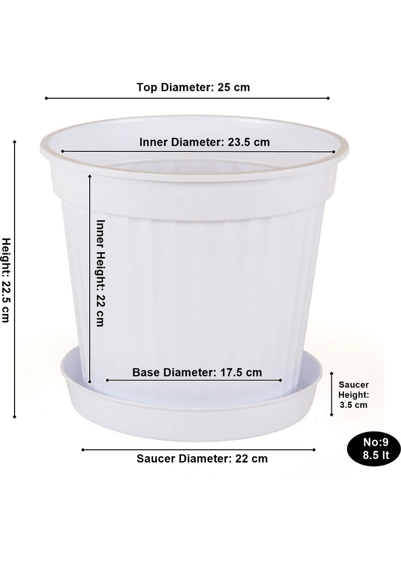 3pcs Round Flower Pot & Saucer. Strong Plastic Planters. (White)